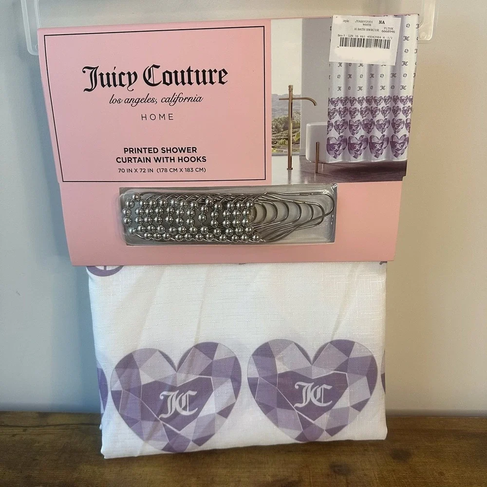 New Juicy Couture 70x72 Fabric Shower Curtain Hooks Set Purple Diamond White
